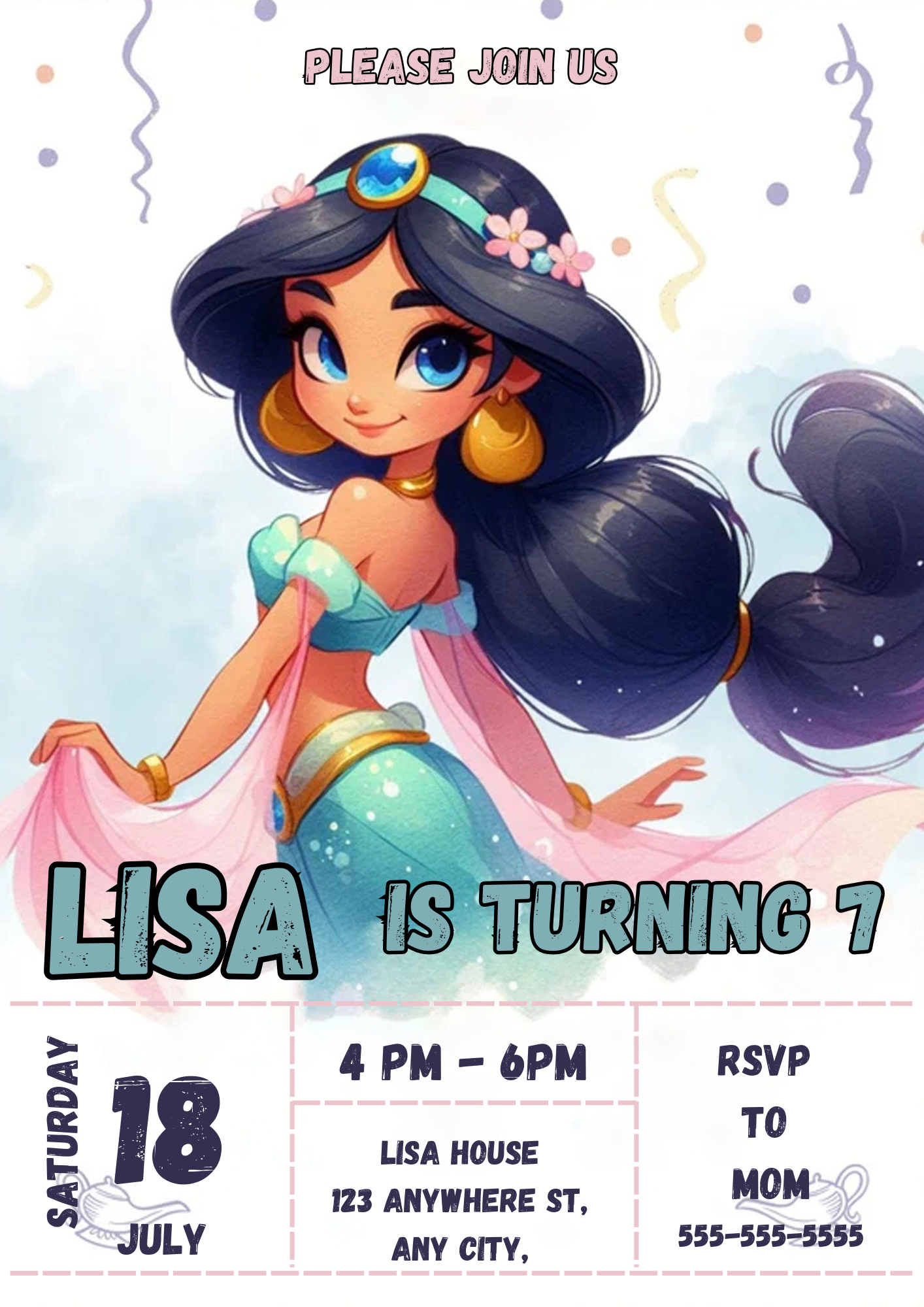 Princess Jasmine Birthday Invitation Template - CreativeRino