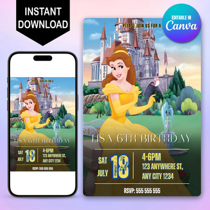 Princess Belle Birthday Invitation - CreativeRino