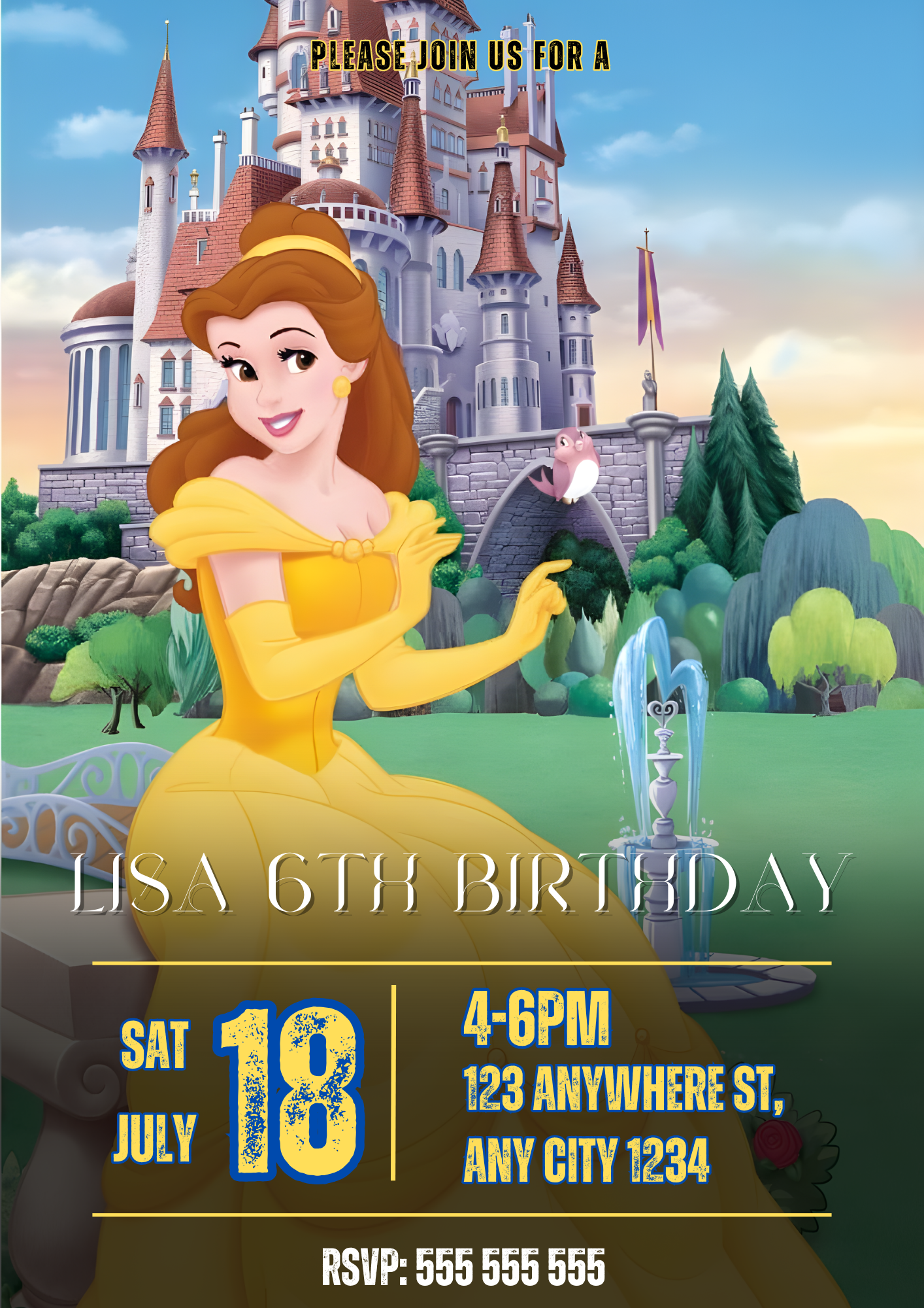 Princess Belle Birthday Invitation - CreativeRino