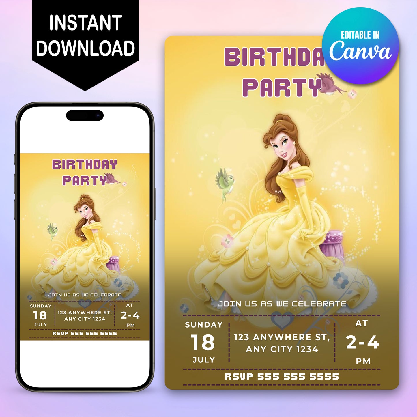Princess Belle Birthday Party Invitation - CreativeRino