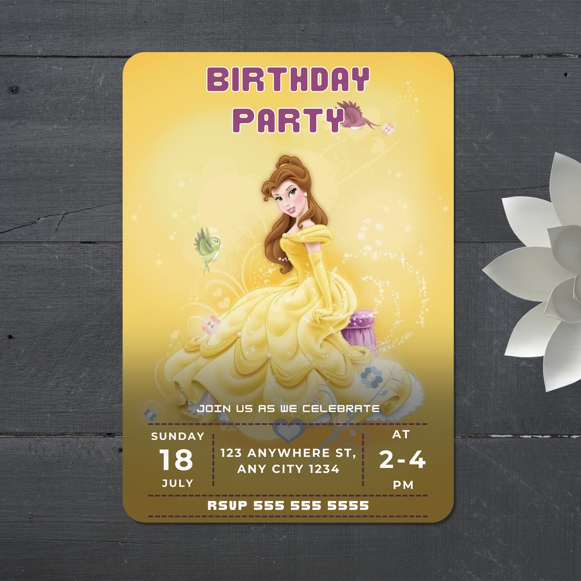 Princess Belle Birthday Party Invitation - CreativeRino