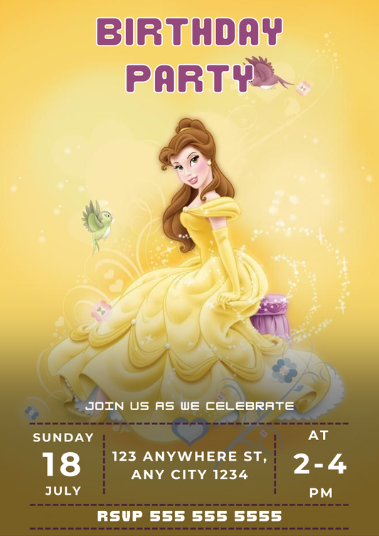 Princess Belle Birthday Party Invitation - CreativeRino