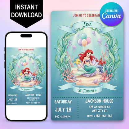 Princess Ariel Birthday Invitation - CreativeRino