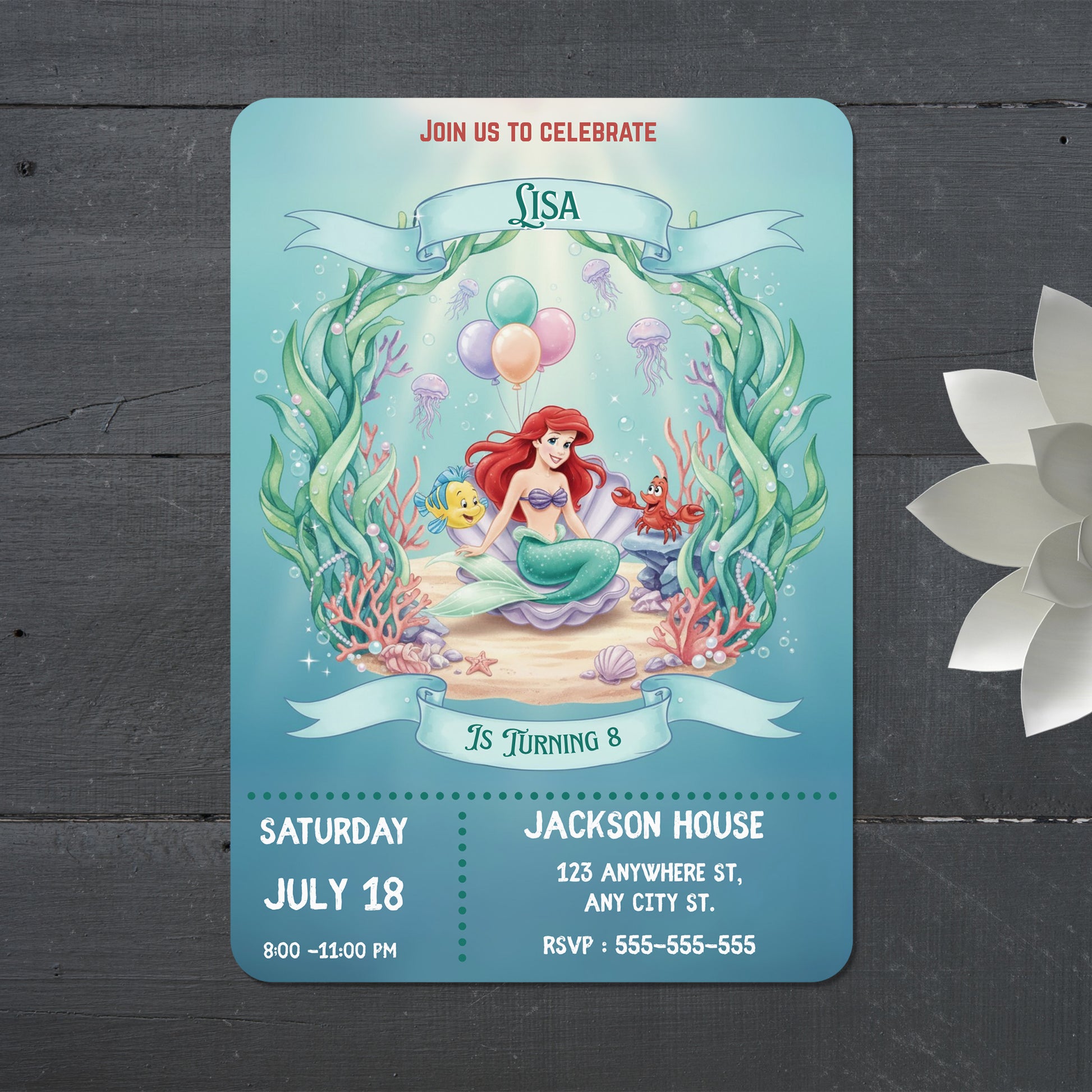 Princess Ariel Birthday Invitation - CreativeRino