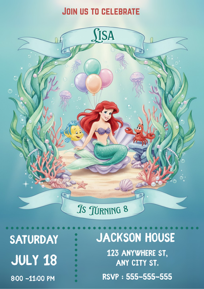 Princess Ariel Birthday Invitation - CreativeRino