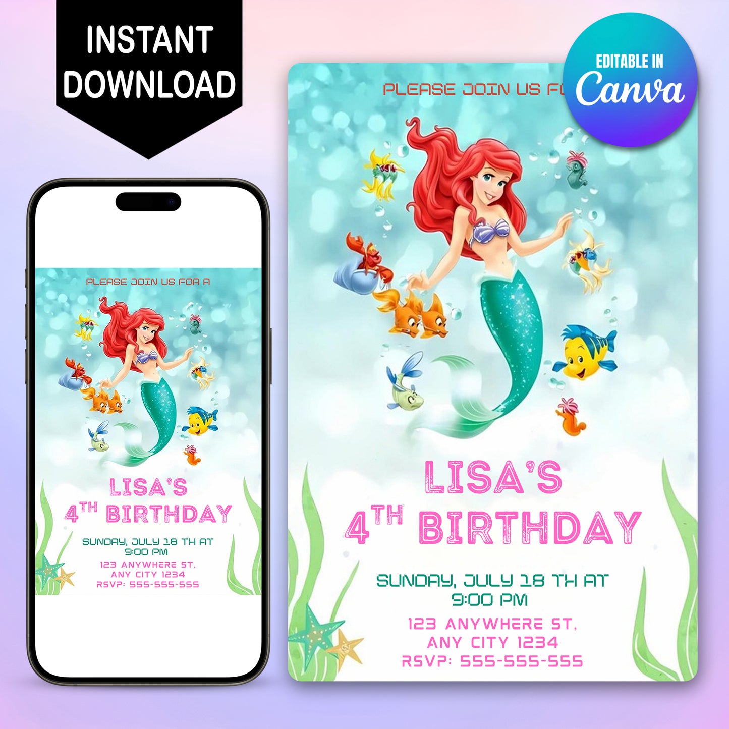 Princess Ariel Birthday Party Invitation - CreativeRino