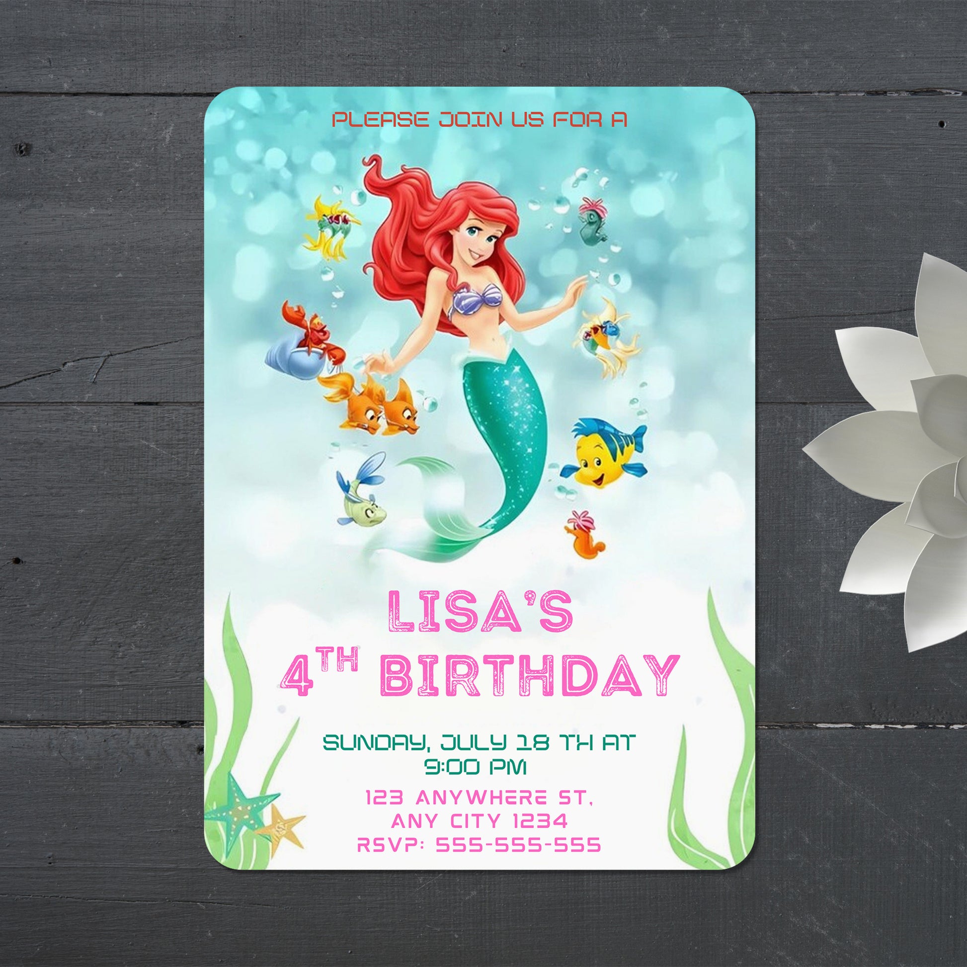 Princess Ariel Birthday Party Invitation - CreativeRino