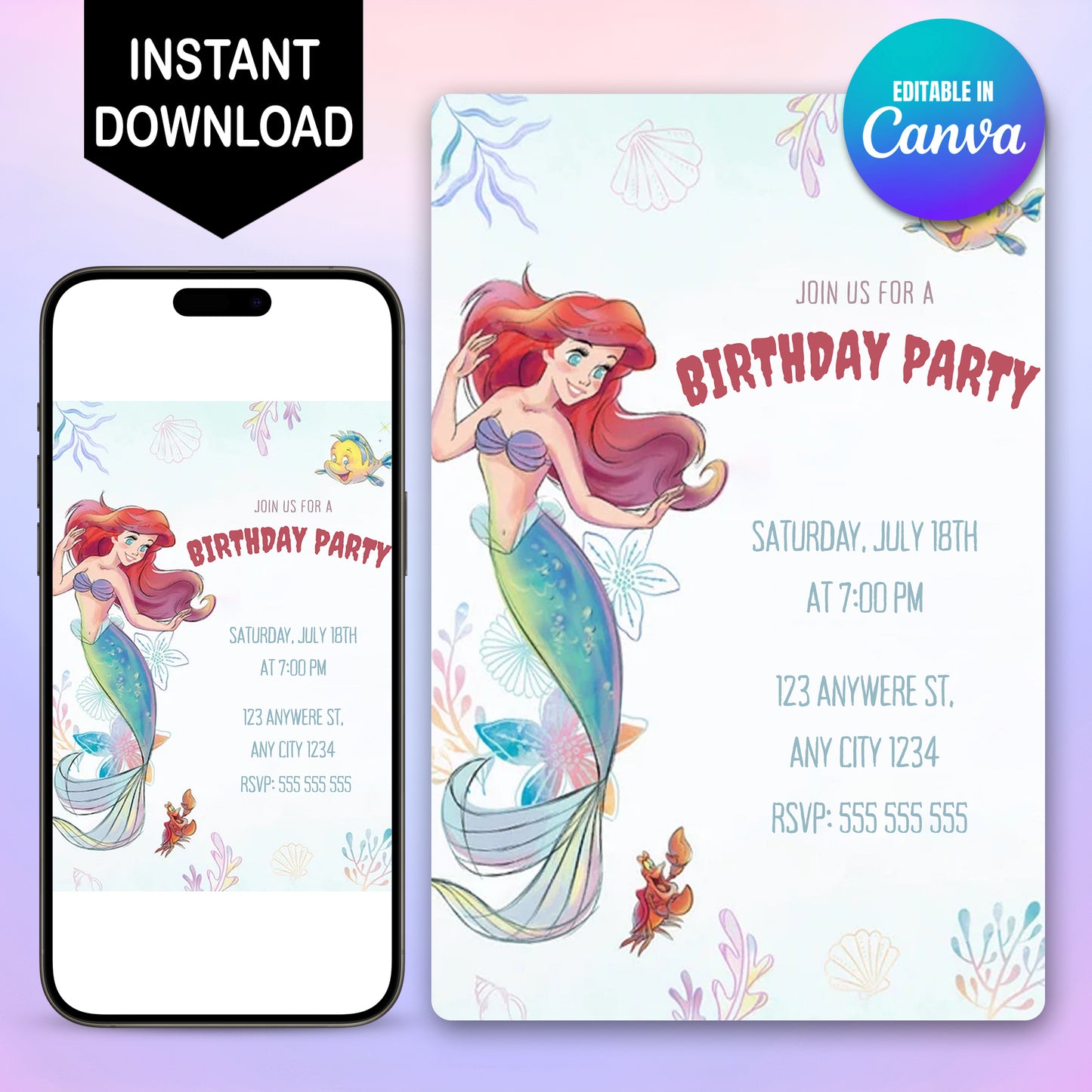 Princess Ariel Birthday Party Invitation - CreativeRino