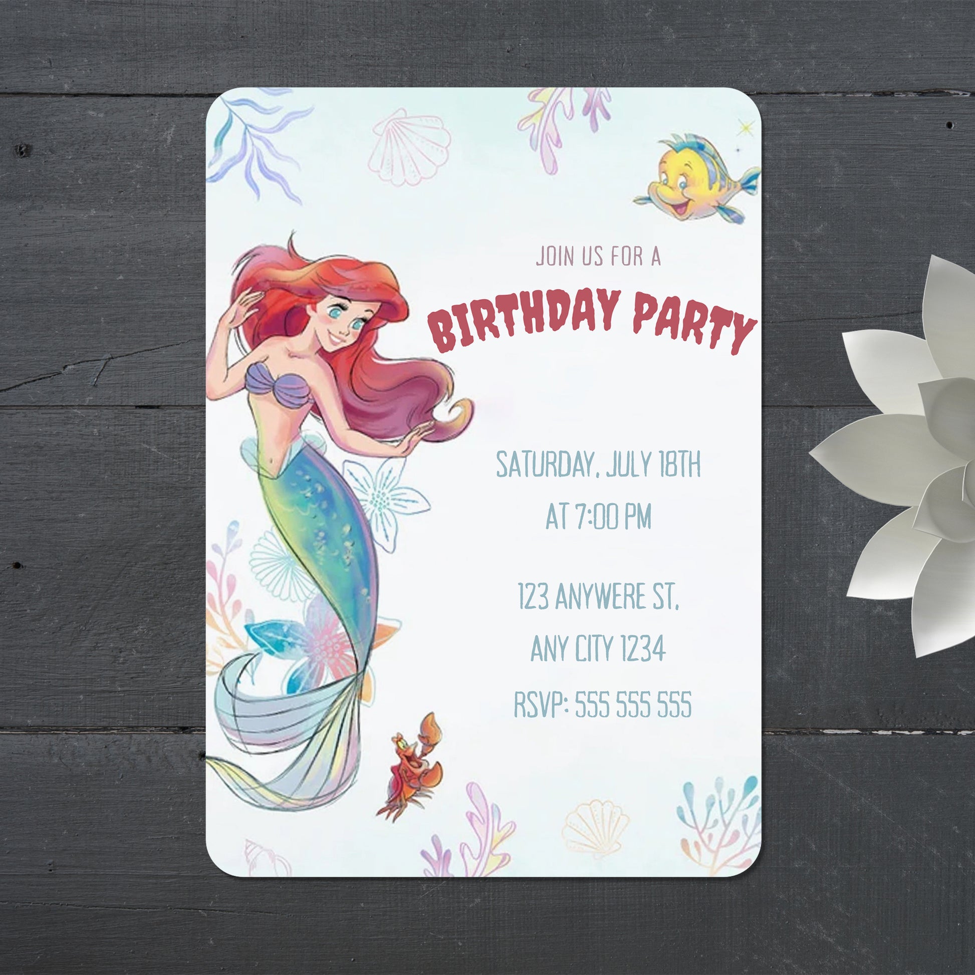 Princess Ariel Birthday Party Invitation - CreativeRino