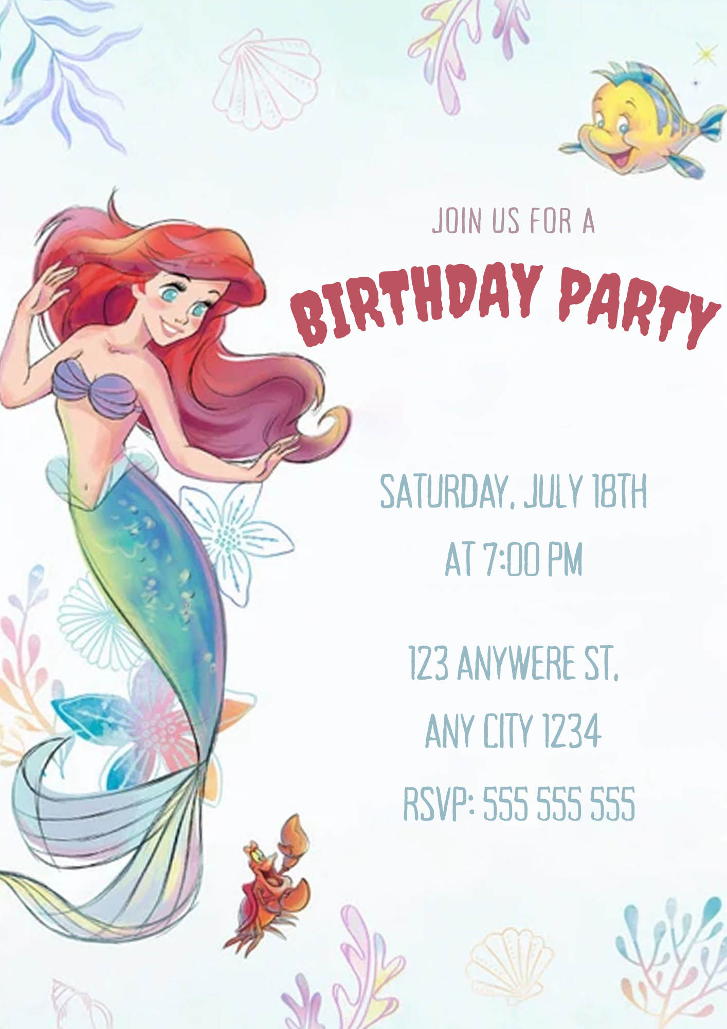 Princess Ariel Birthday Party Invitation - CreativeRino