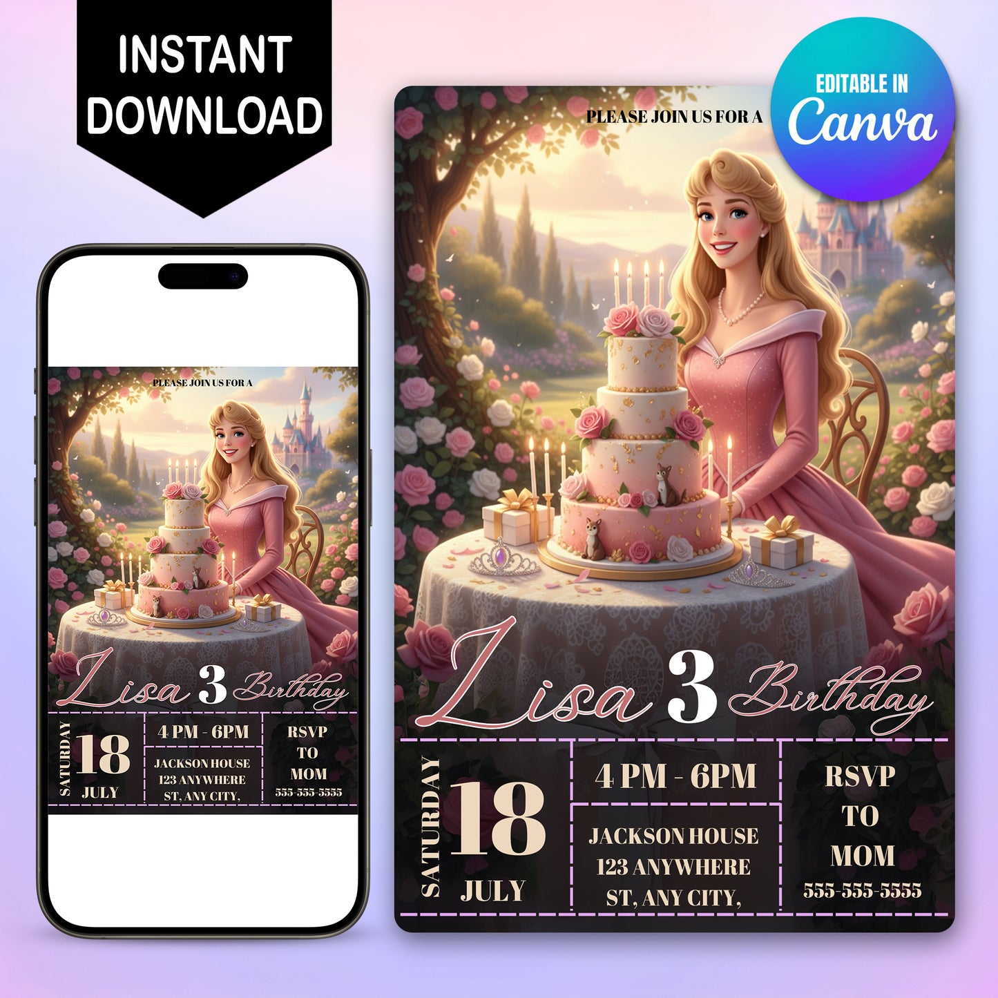 Printable Princess Aurora Birthday Invitation - CreativeRino