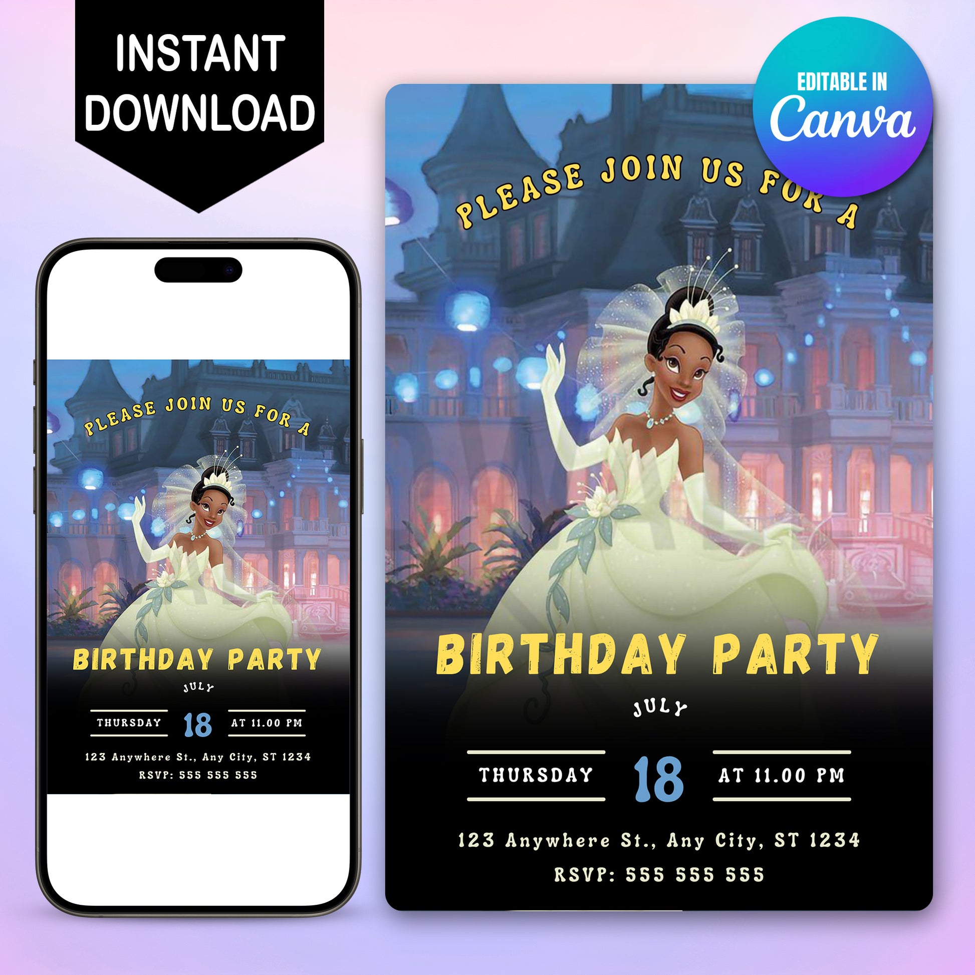 Princess Tiana Birthday Party Invitation - CreativeRino