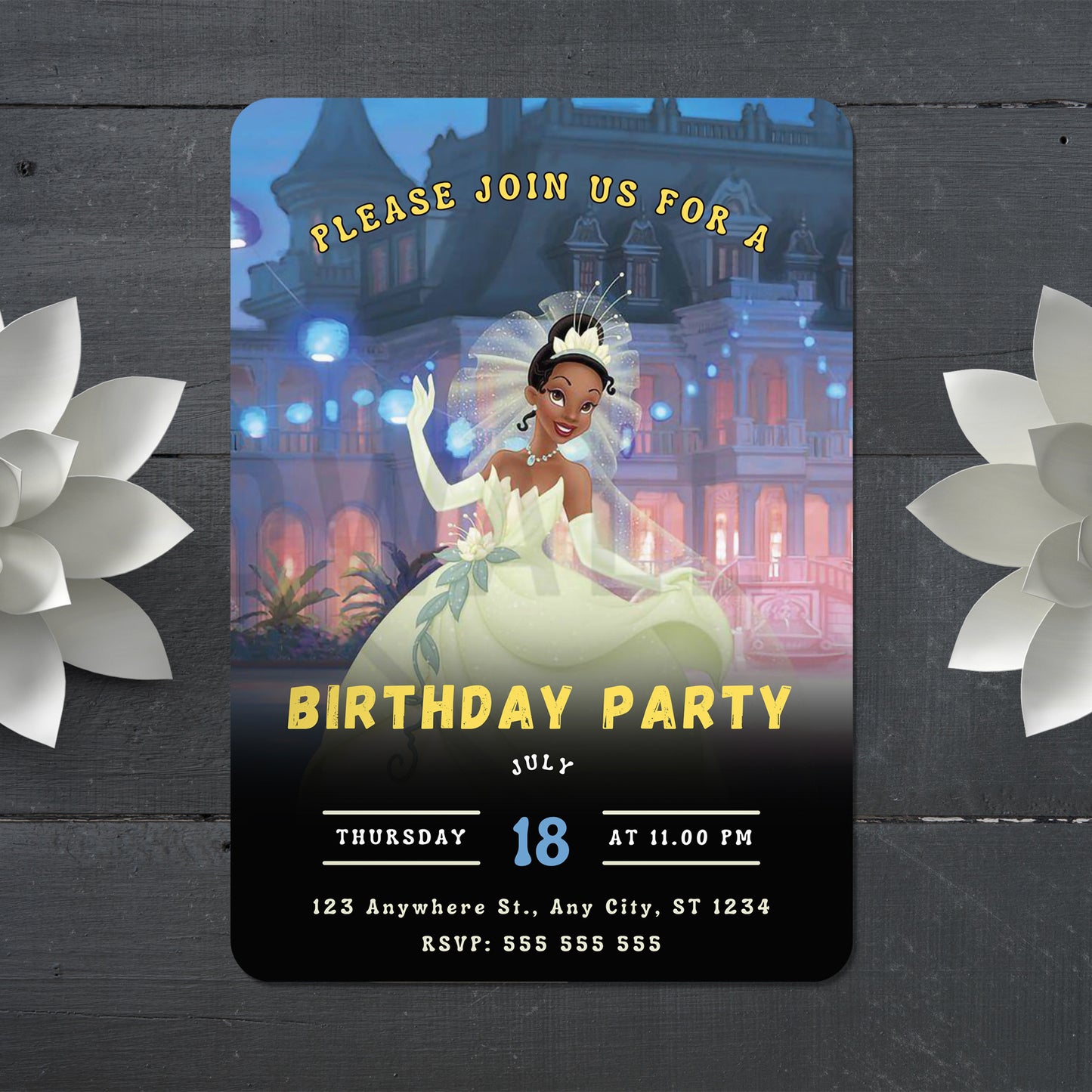 Princess Tiana Birthday Party Invitation - CreativeRino
