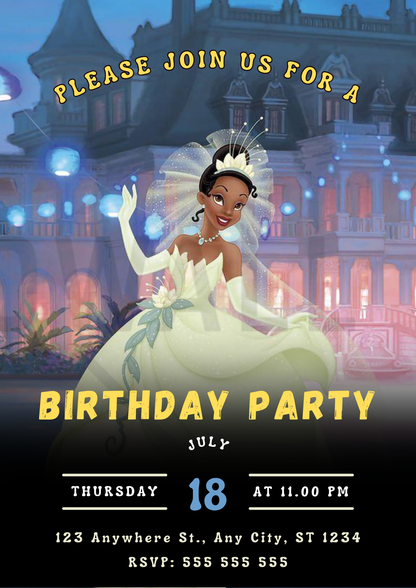 Princess Tiana Birthday Party Invitation - CreativeRino