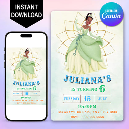 Editable Princess Tiana Birthday Invitation - CreativeRino