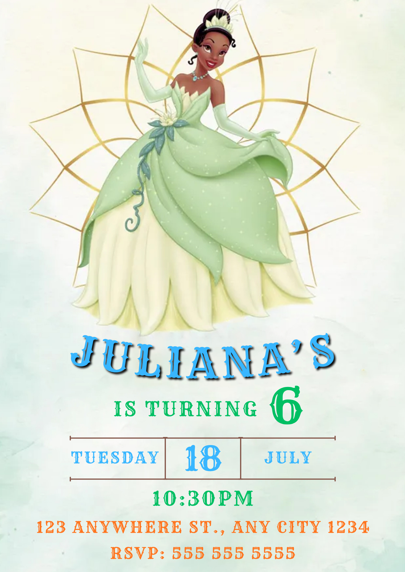 Editable Princess Tiana Birthday Invitation - CreativeRino
