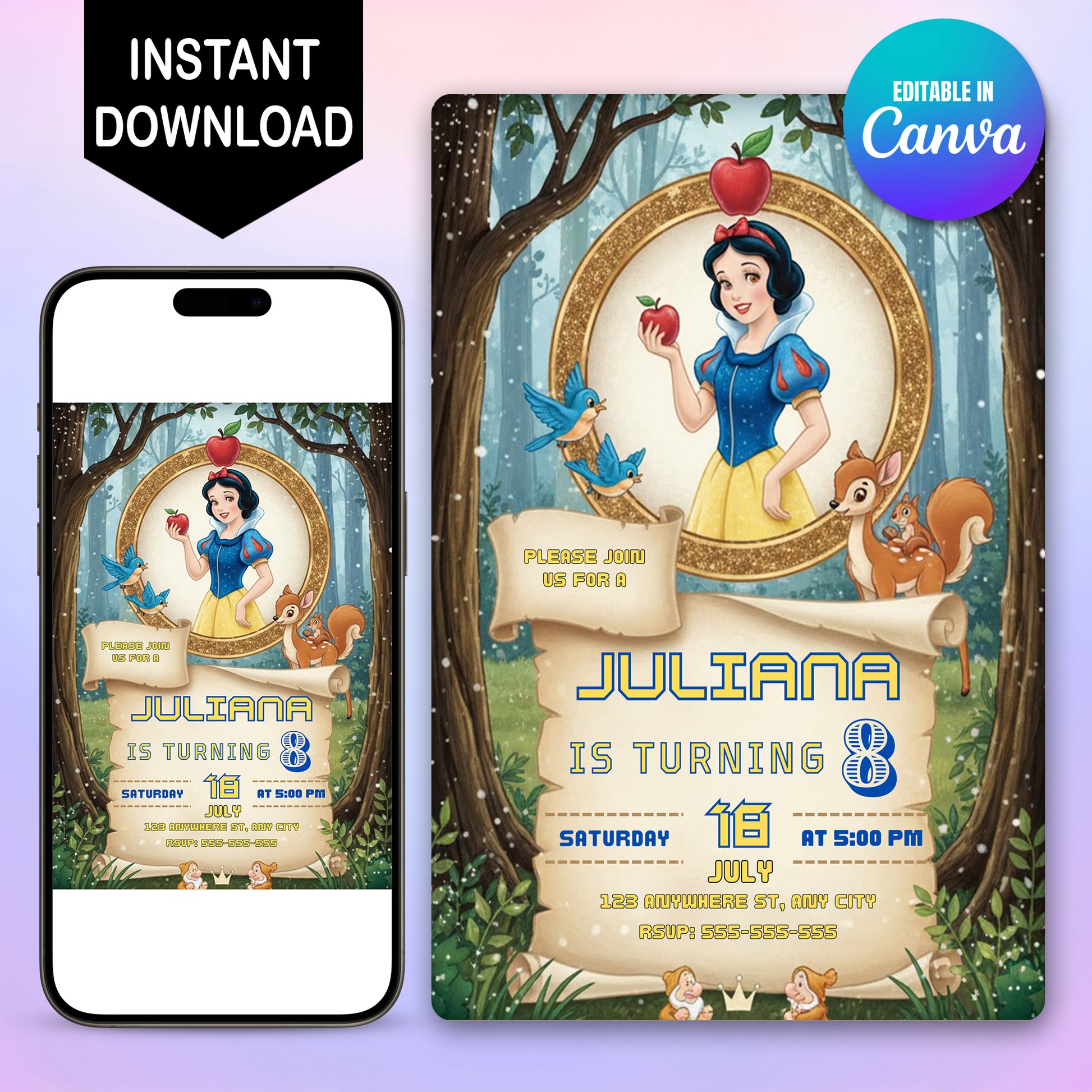 Editable Snow white Birthday Invitation - CreativeRino