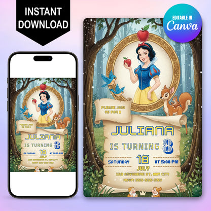 Editable Snow white Birthday Invitation - CreativeRino