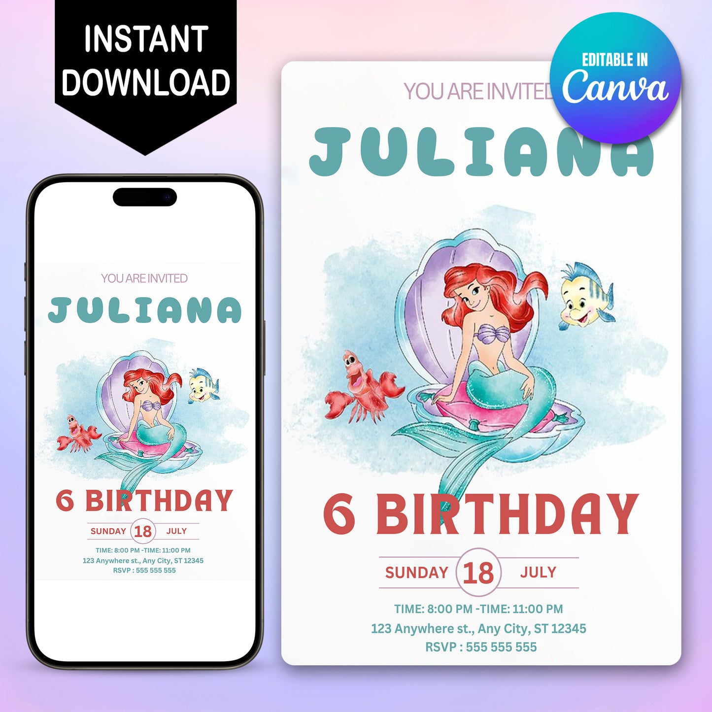 Editable Little Mermaid Birthday Invitation - CreativeRino