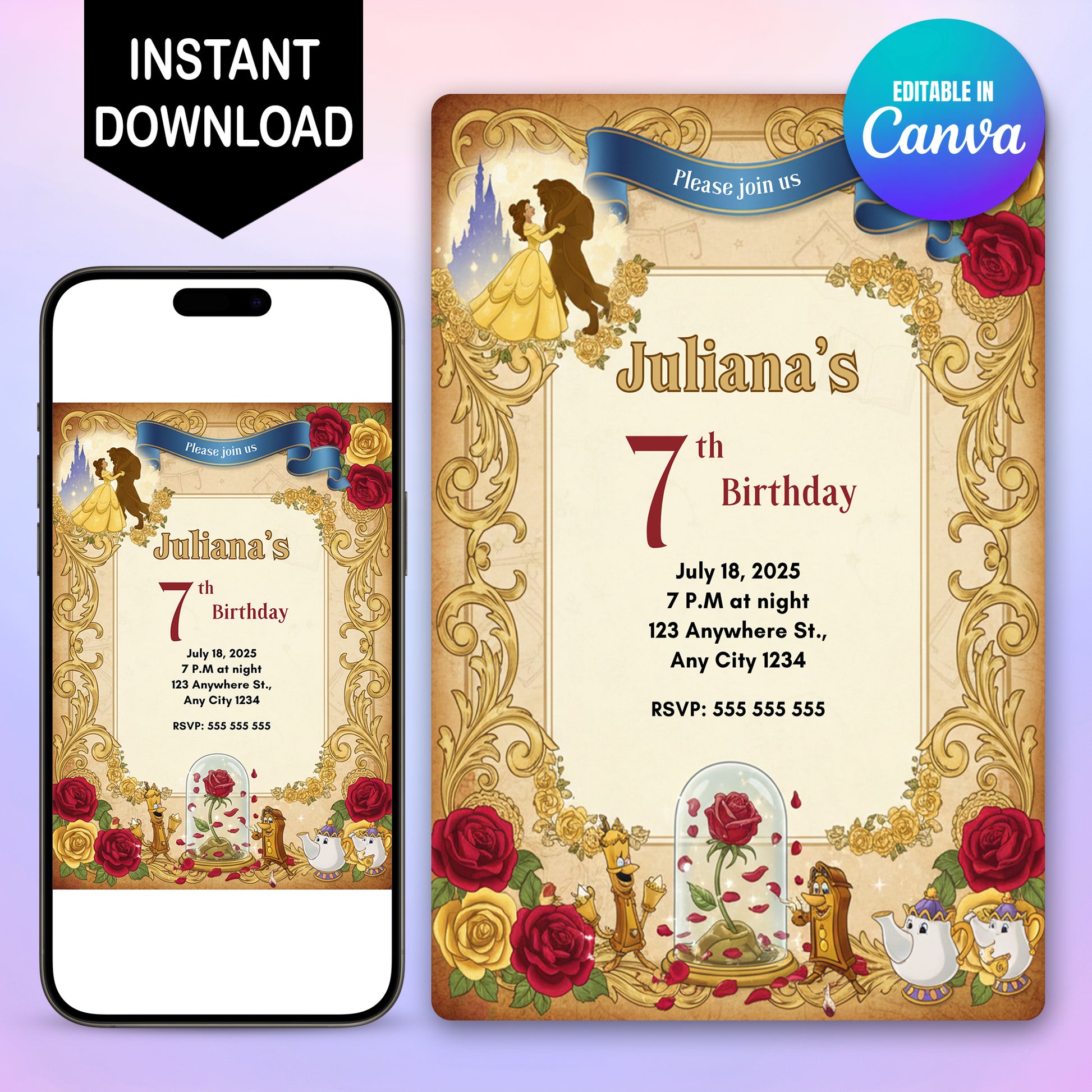 Beauty And The Beast Birthday Invitation - CreativeRino