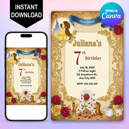 Beauty And The Beast Birthday Invitation - CreativeRino