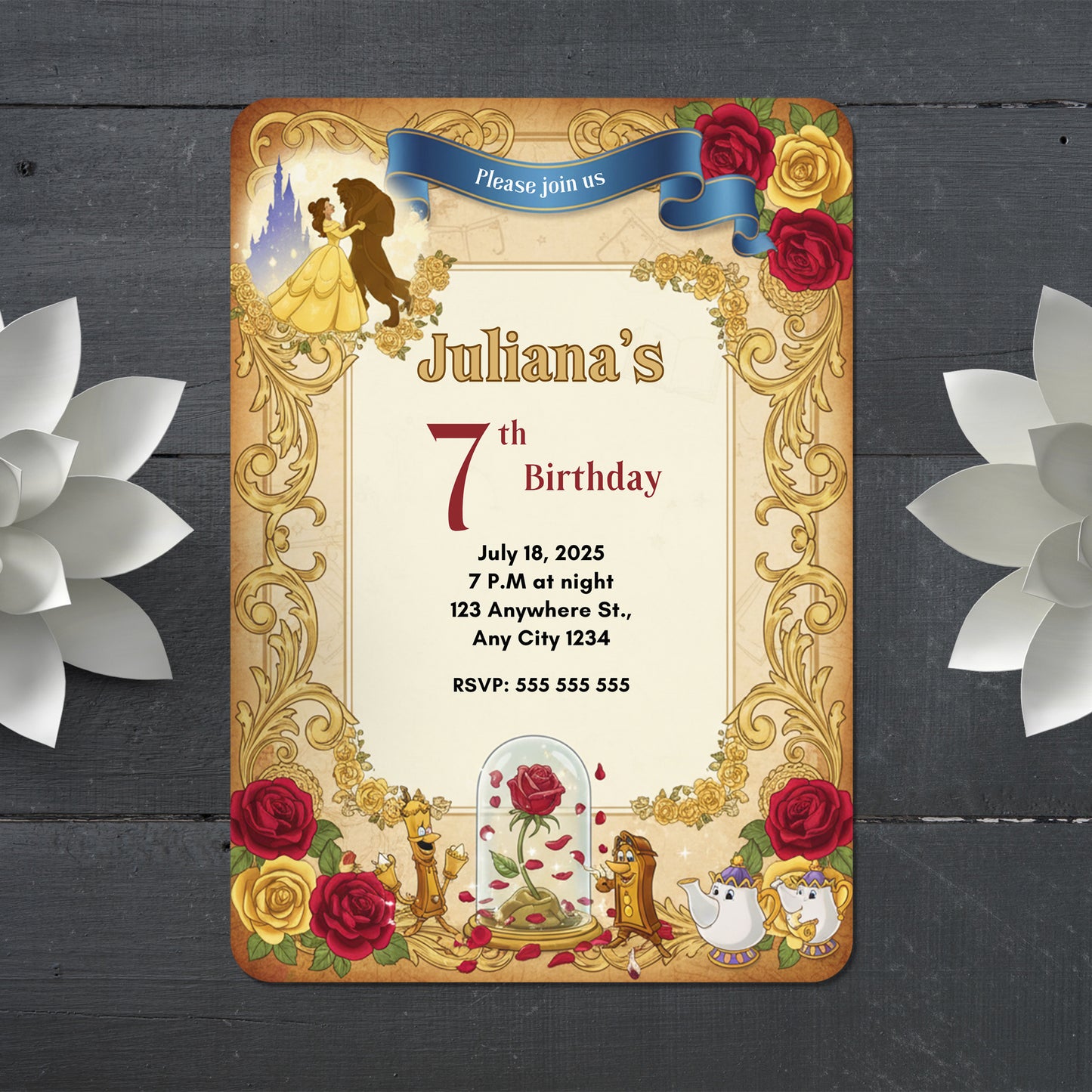 Beauty And The Beast Birthday Invitation - CreativeRino