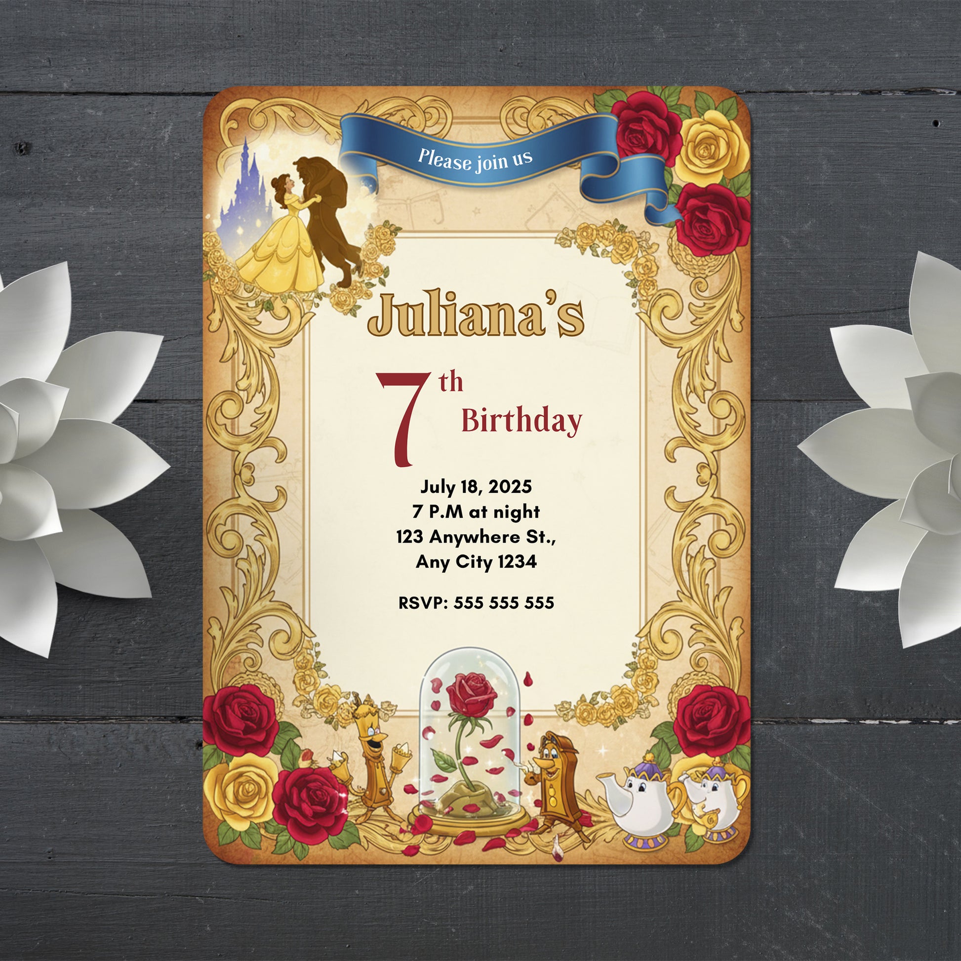 Beauty And The Beast Birthday Invitation - CreativeRino