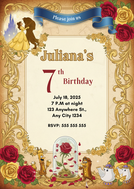Beauty And The Beast Birthday Invitation - CreativeRino