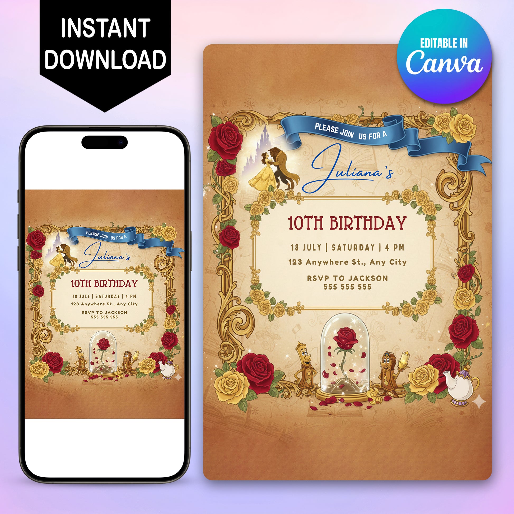 Printable Beauty And The Beast Birthday Invitation - CreativeRino