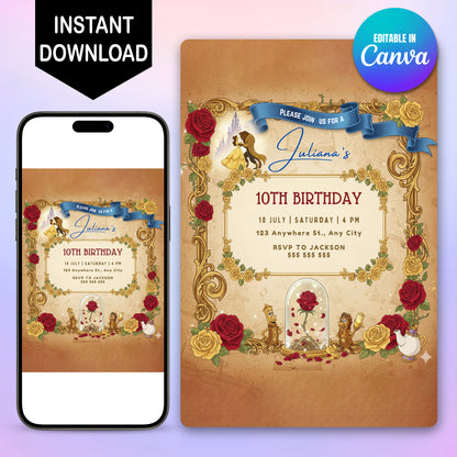 Printable Beauty And The Beast Birthday Invitation - CreativeRino