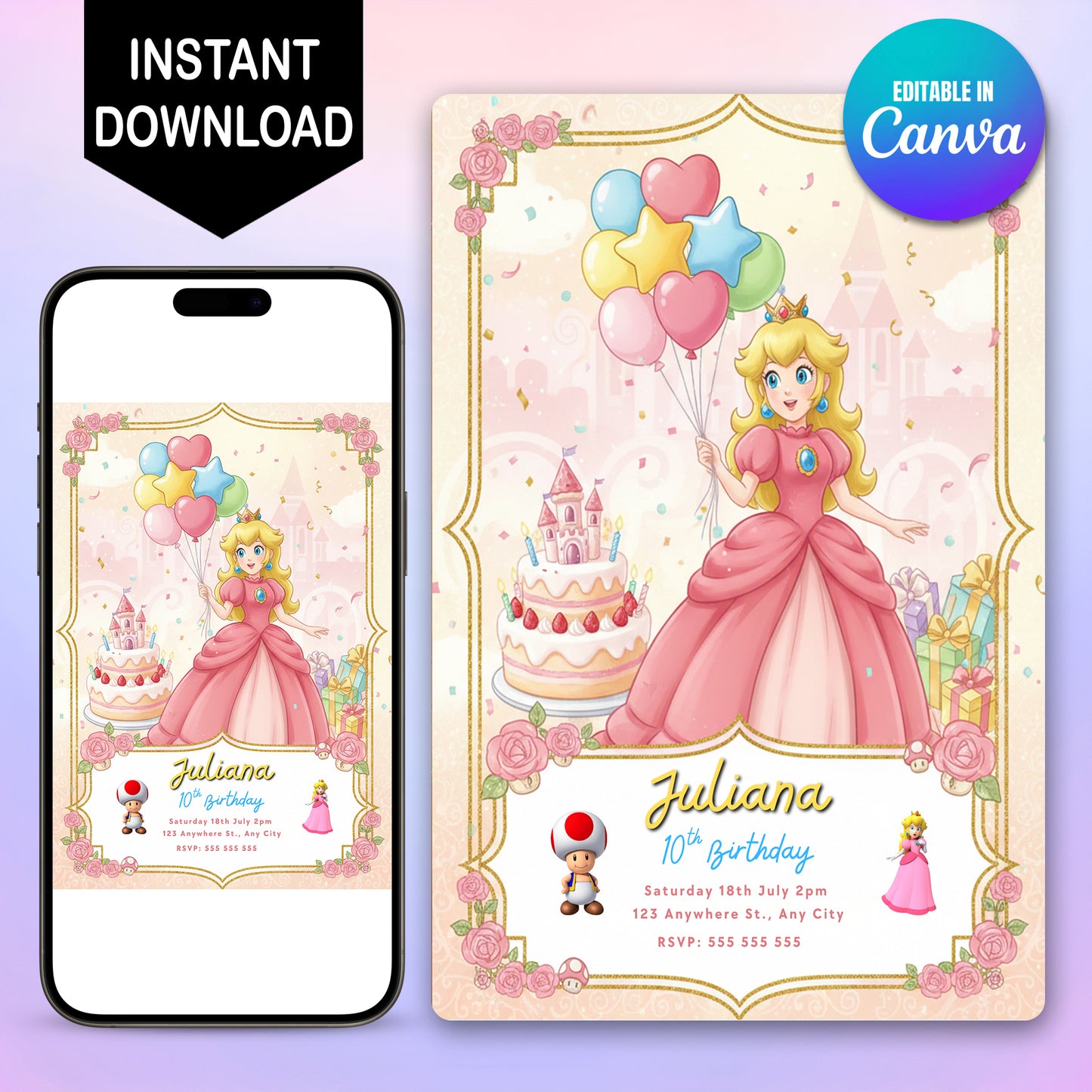 Digital Princess Peach Birthday Invitation - CreativeRino