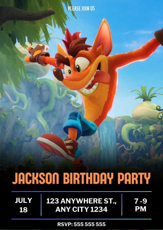 Crash Bandicoot Birthday Invitation - CreativeRino