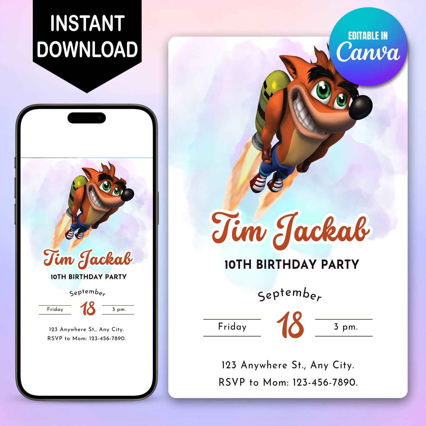 Printable Crash Bandicoot Birthday Invitation - CreativeRino