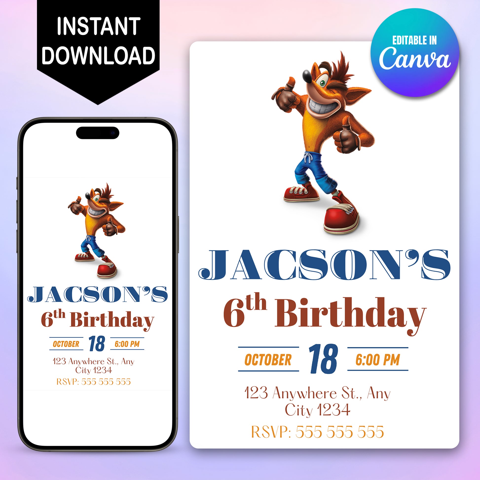 Crash Bandicoot Birthday Party Invitation - CreativeRino