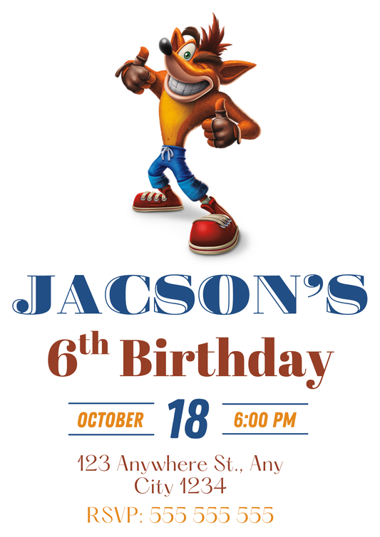 Crash Bandicoot Birthday Party Invitation - CreativeRino