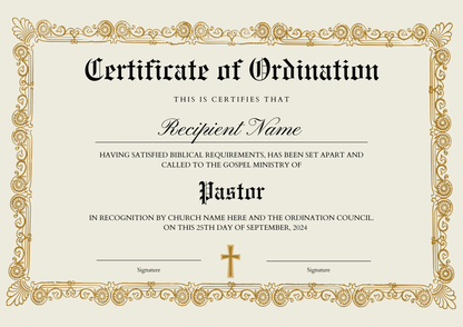 Certificate of Ordination Template | Pastor Ordination Certificate - CreativeRino
