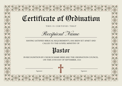 Certificate of Ordination Template | Pastor Ordination Certificate - CreativeRino
