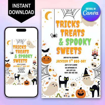 Tricks Treats and Spooky Sweets Halloween Birthday Party Invite - CreativeRino