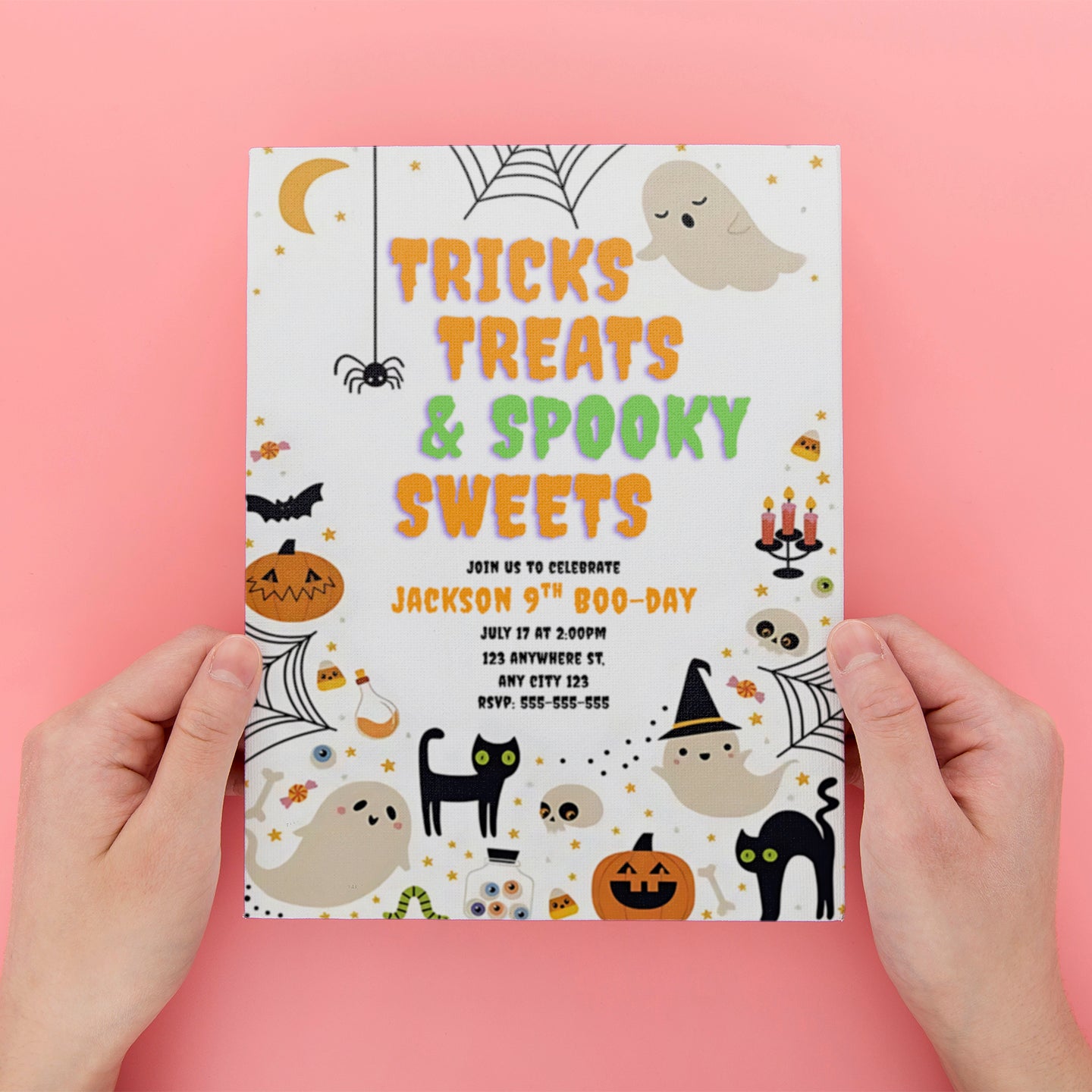 Tricks Treats and Spooky Sweets Halloween Birthday Party Invite - CreativeRino