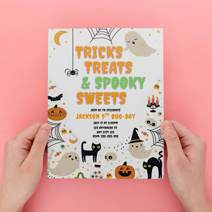 Tricks Treats and Spooky Sweets Halloween Birthday Party Invite - CreativeRino
