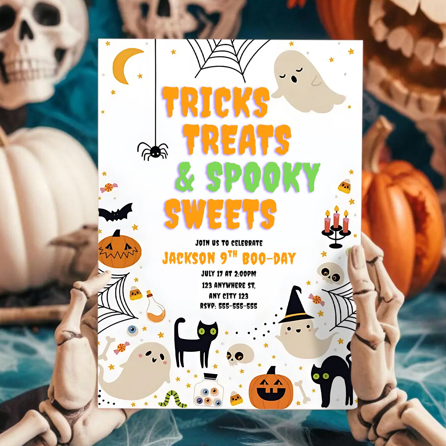 Tricks Treats and Spooky Sweets Halloween Birthday Party Invite - CreativeRino