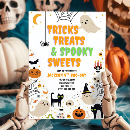 Tricks Treats and Spooky Sweets Halloween Birthday Party Invite - CreativeRino
