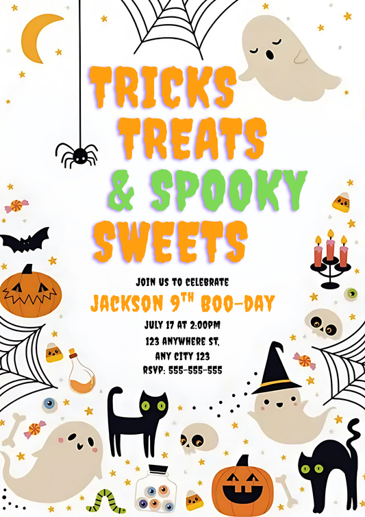 Tricks Treats and Spooky Sweets Halloween Birthday Party Invite - CreativeRino