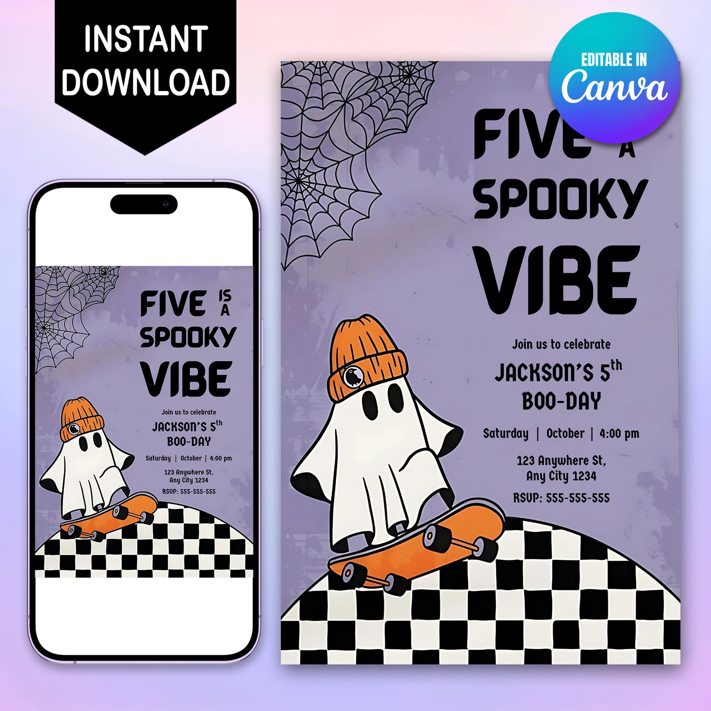 Five Is A Spooky Vibe Halloween Ghost 5th Birthday Party Invite - CreativeRino