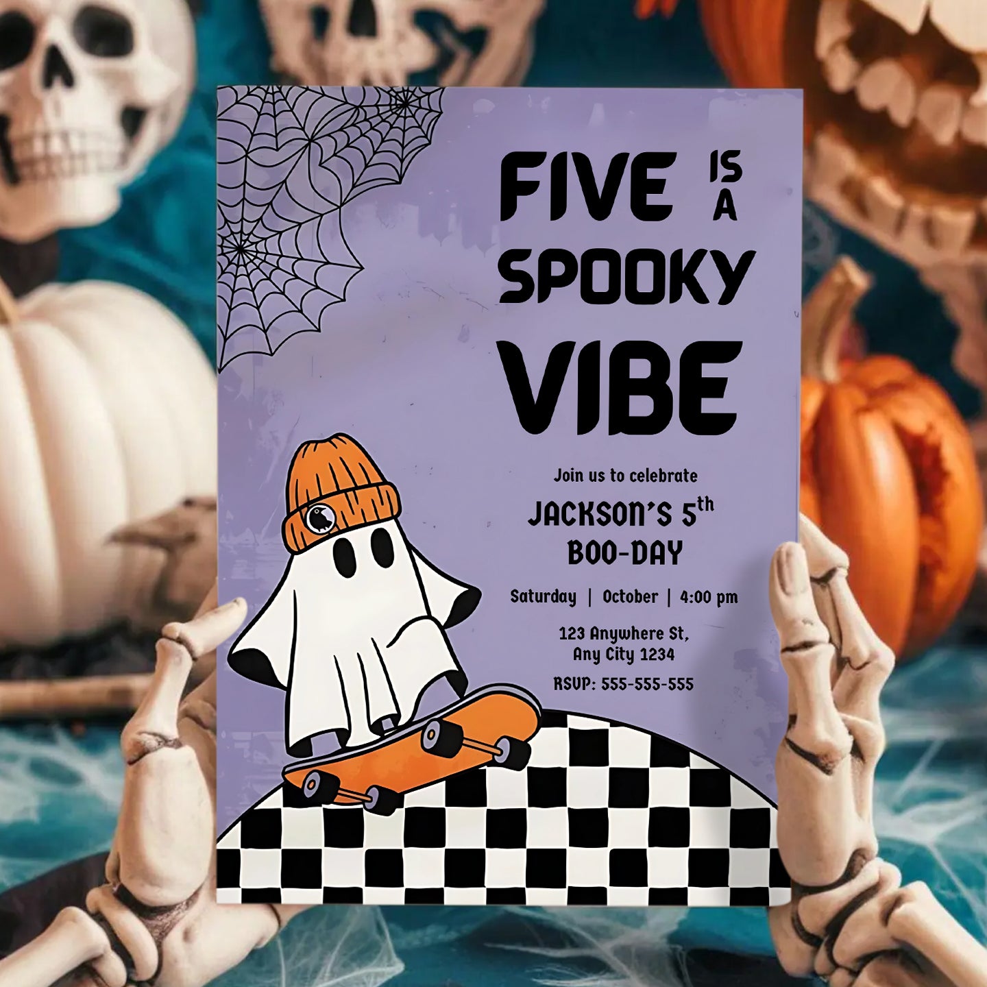 Five Is A Spooky Vibe Halloween Ghost 5th Birthday Party Invite - CreativeRino