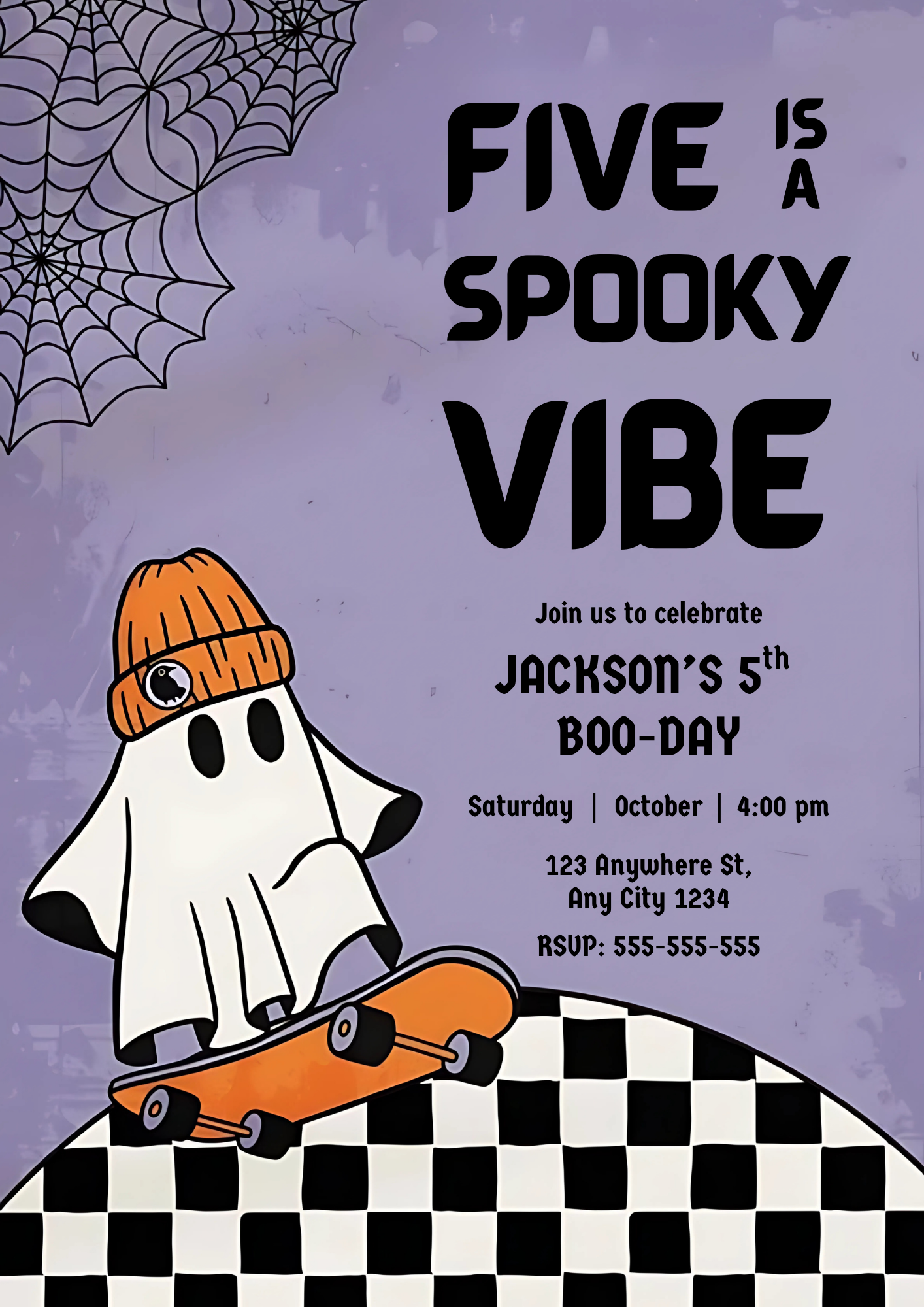 Five Is A Spooky Vibe Halloween Ghost 5th Birthday Party Invite - CreativeRino