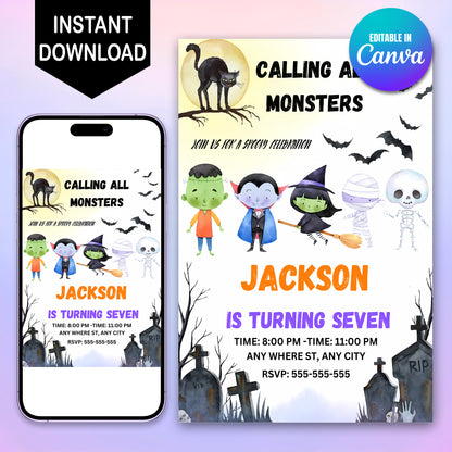 Calling All Monsters Halloween Birthday Template - CreativeRino