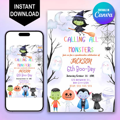 Calling All Monsters Halloween Birthday Invitation - CreativeRino