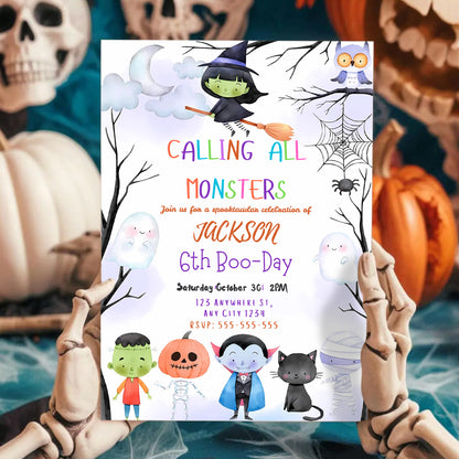Calling All Monsters Halloween Birthday Invitation - CreativeRino