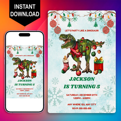 Christmas Dinosaur Birthday Invitation Template - CreativeRino